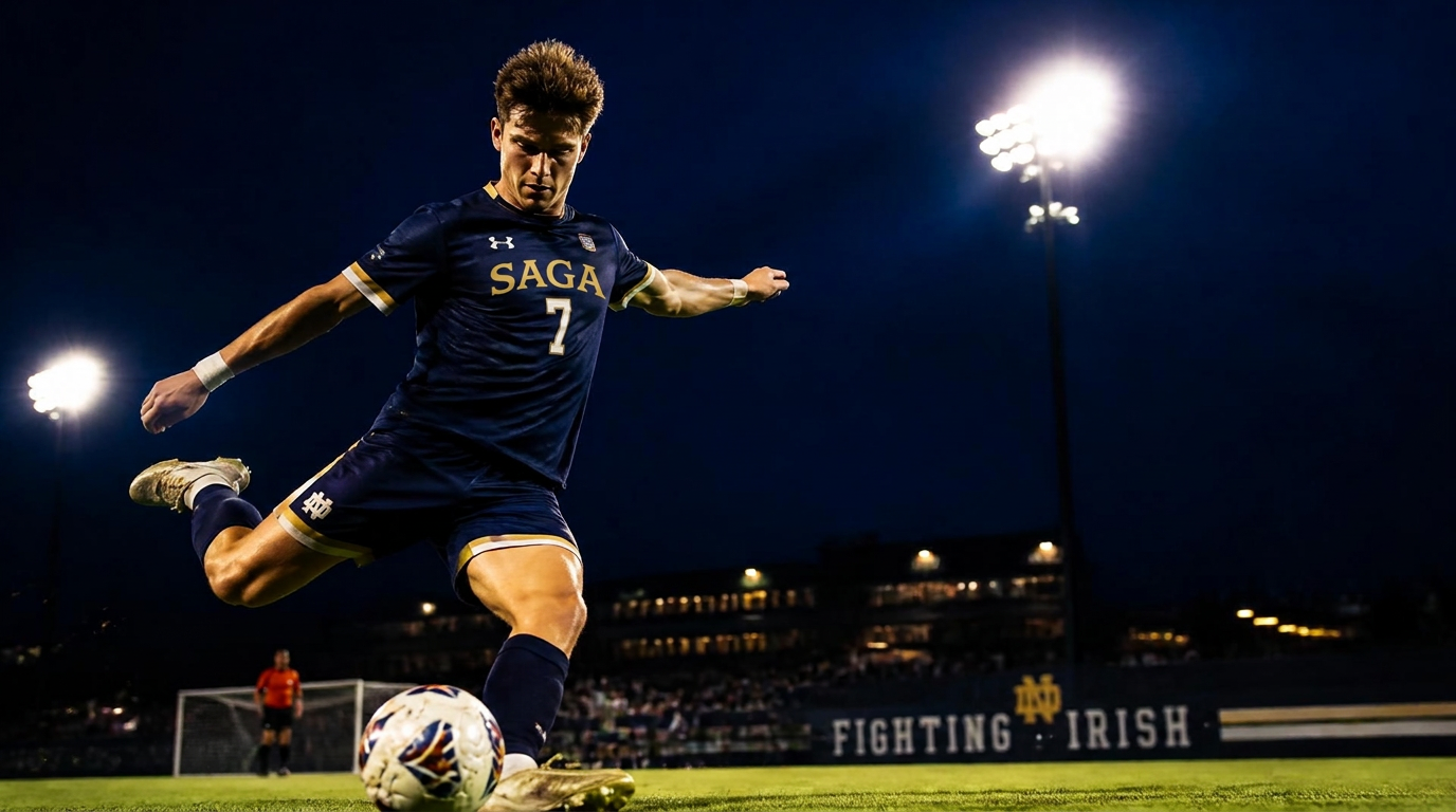 Young footballer striking the ball under stadium floodlights at a US college match